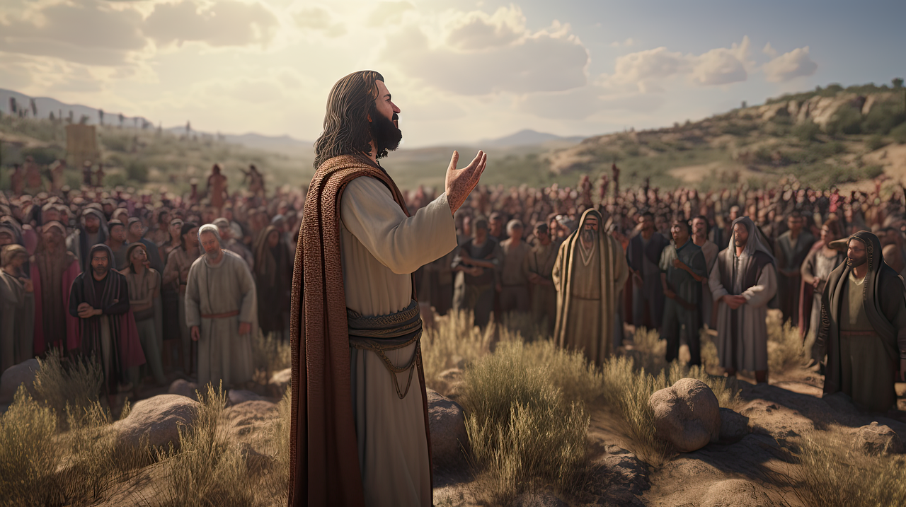 Jesus preaching the sermon of the Mount. True Freedom and Responsibility as the cornerstone of Western civilization.